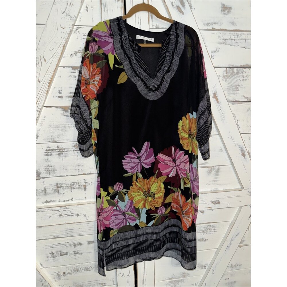 Trina Turk Floral Caftan Dress Black  Mini Short Sheer Sleeve Pullover Sz 10
